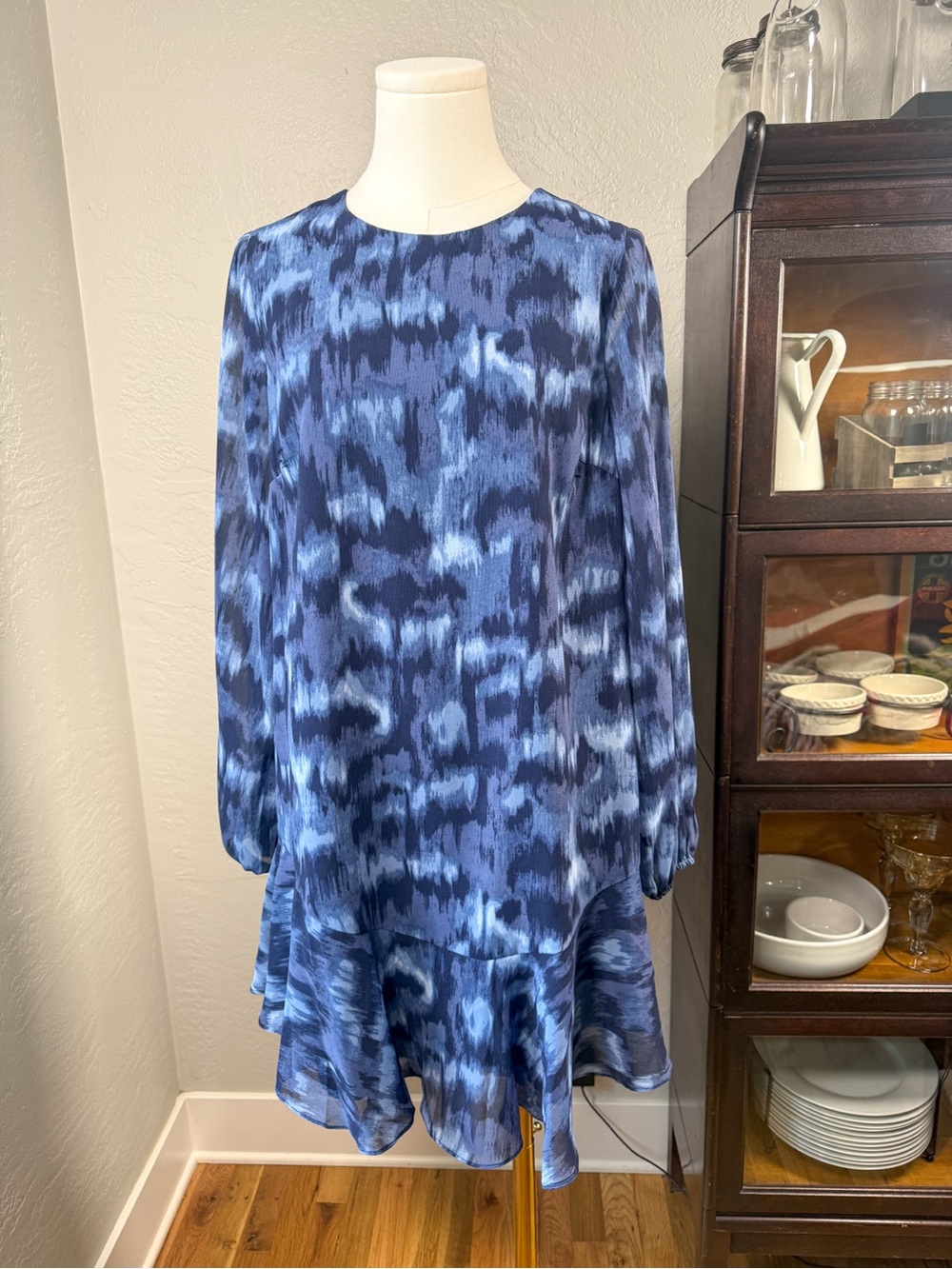 BCBG Max Azria Blue Abstract Print Long Sleeve Ruffle Hem Dress Size S